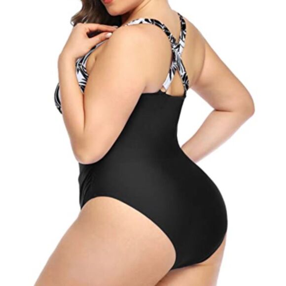 Yonique Black White Swimsuit 18W New One Piece Deep V Neck Tummy Control NWT - Picture 2 of 7